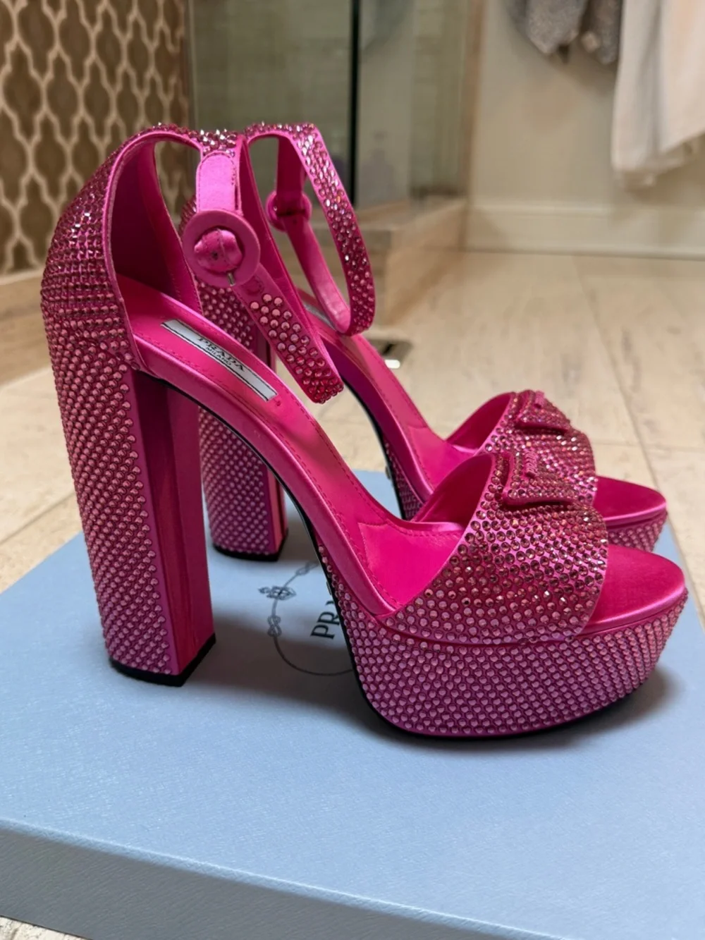 NWT!! PRADA Hot Pink Crystal-Embellished 135mm Platform Sandals